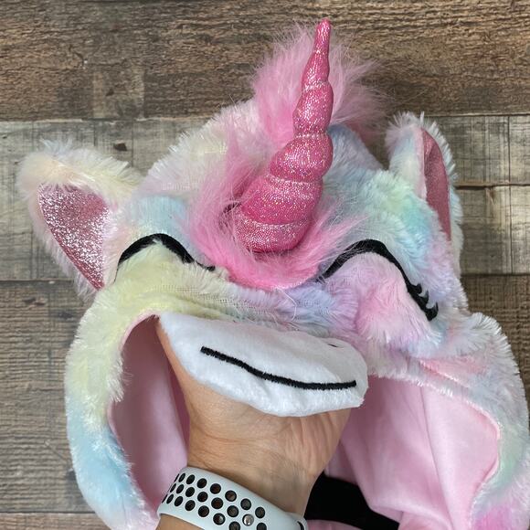 Spirit Unicorn Hooded Plush Union Suit Faux Fur Tail Halloween Costume SZ Large - Picture 8 of 11